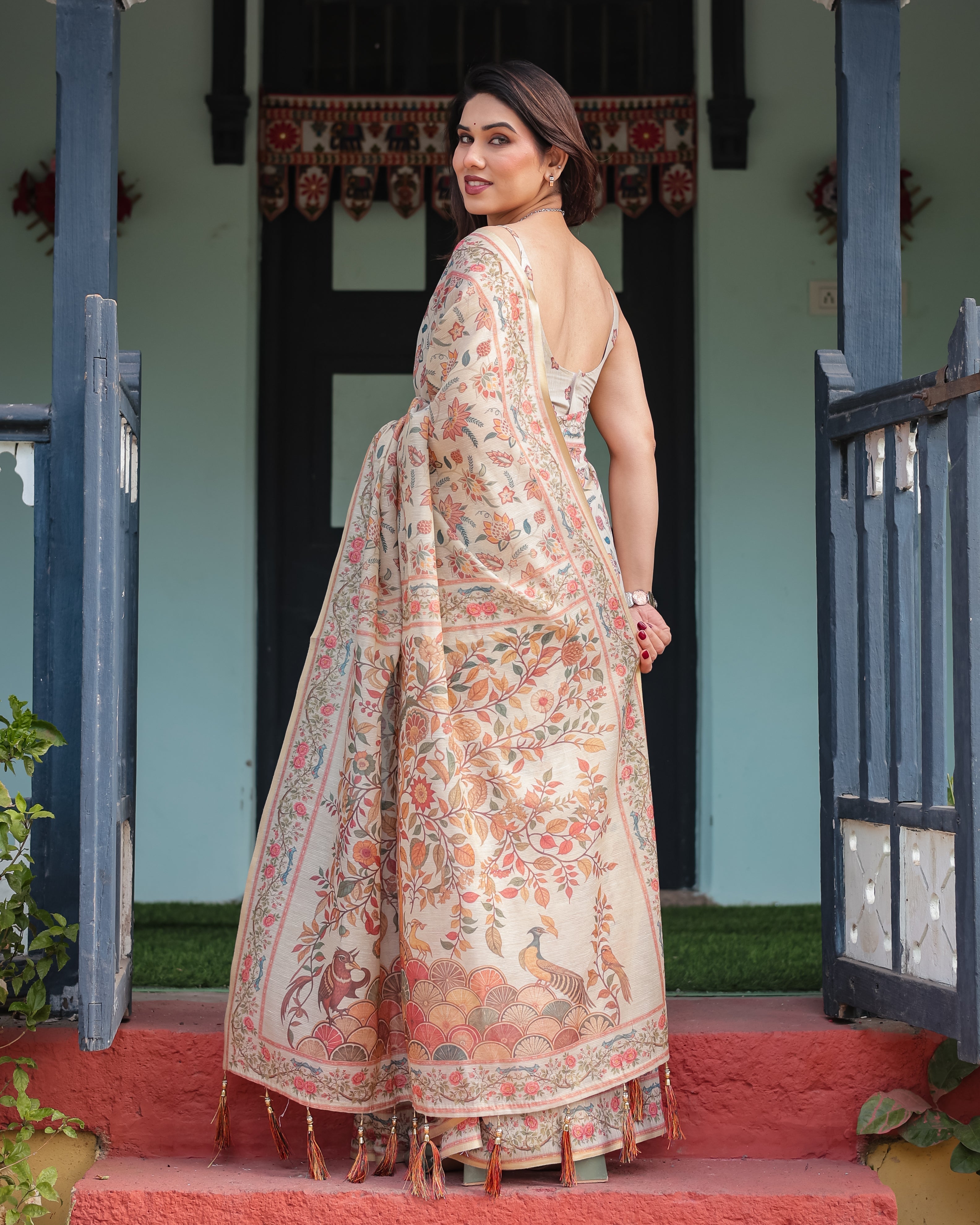 Elegant Beige Handloom Cotton-Linen Saree with Golden Zari Weave, Floral Printed Pallu & Tassel Detailing LINEN HANDLOOM