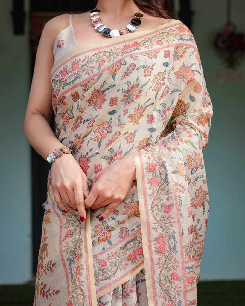 Elegant Beige Handloom Cotton-Linen Saree with Golden Zari Weave, Floral Printed Pallu & Tassel Detailing LINEN HANDLOOM