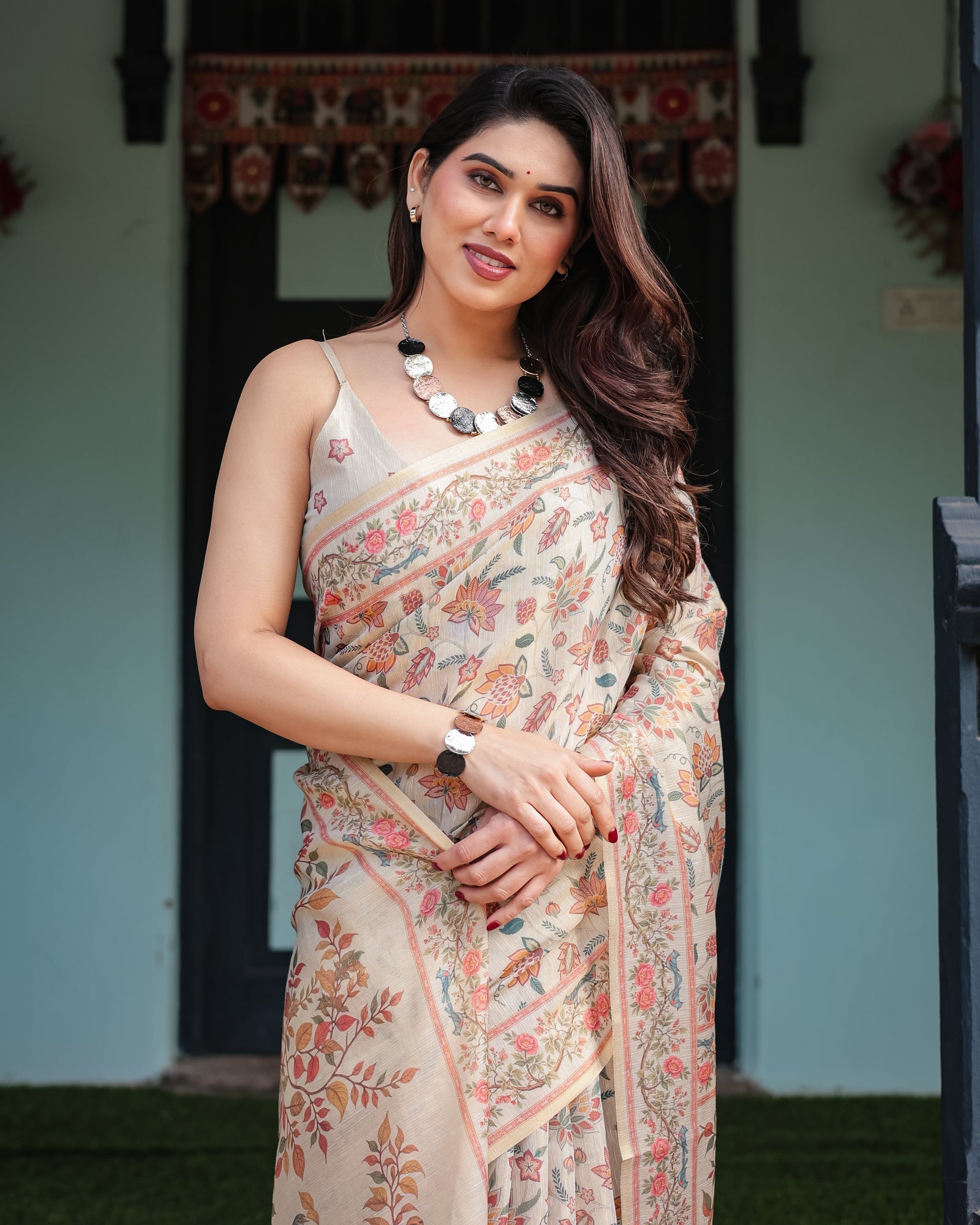 Elegant Beige Handloom Cotton-Linen Saree with Golden Zari Weave, Floral Printed Pallu & Tassel Detailing LINEN HANDLOOM