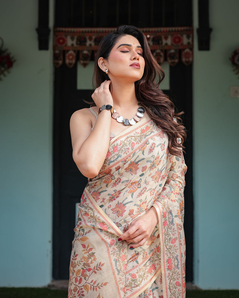 Elegant Beige Handloom Cotton-Linen Saree with Golden Zari Weave, Floral Printed Pallu & Tassel Detailing LINEN HANDLOOM