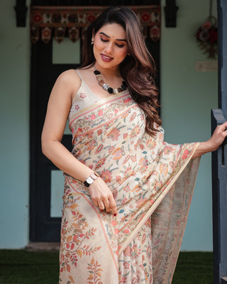 Elegant Beige Handloom Cotton-Linen Saree with Golden Zari Weave, Floral Printed Pallu & Tassel Detailing LINEN HANDLOOM