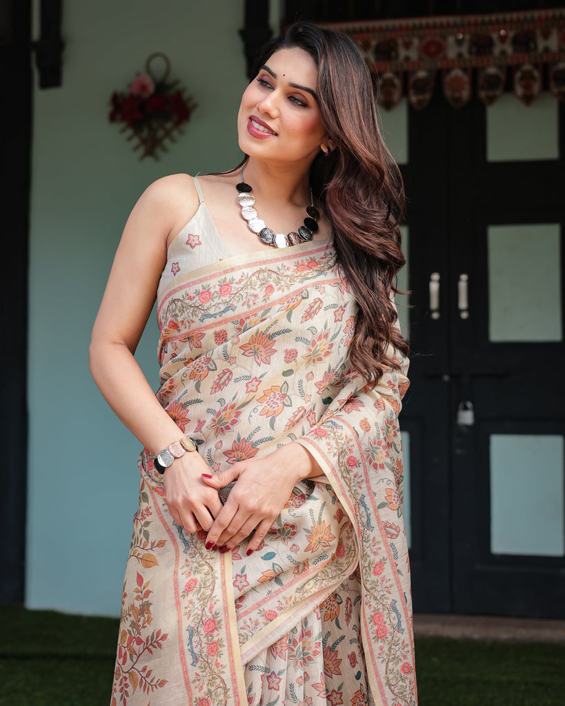 Elegant Beige Handloom Cotton-Linen Saree with Golden Zari Weave, Floral Printed Pallu & Tassel Detailing LINEN HANDLOOM