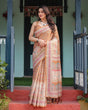 Load image into Gallery viewer, Warm Gold Pure Linen Cotton Handloom Printed Saree with Floral and Figurative Patterns, Golden Zari Weave, Tassels, and Slub Texture LINEN HANDLOOM