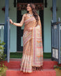 Load image into Gallery viewer, Warm Gold Pure Linen Cotton Handloom Printed Saree with Floral and Figurative Patterns, Golden Zari Weave, Tassels, and Slub Texture LINEN HANDLOOM