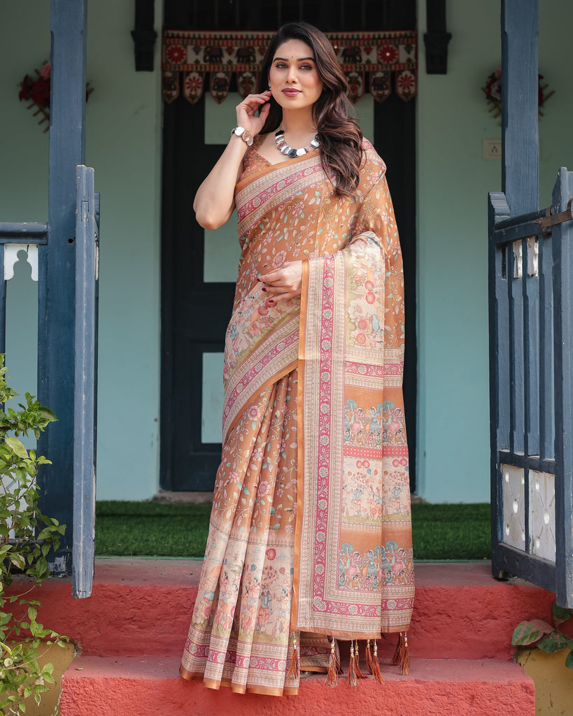 Warm Gold Pure Linen Cotton Handloom Printed Saree with Floral and Figurative Patterns, Golden Zari Weave, Tassels, and Slub Texture LINEN HANDLOOM
