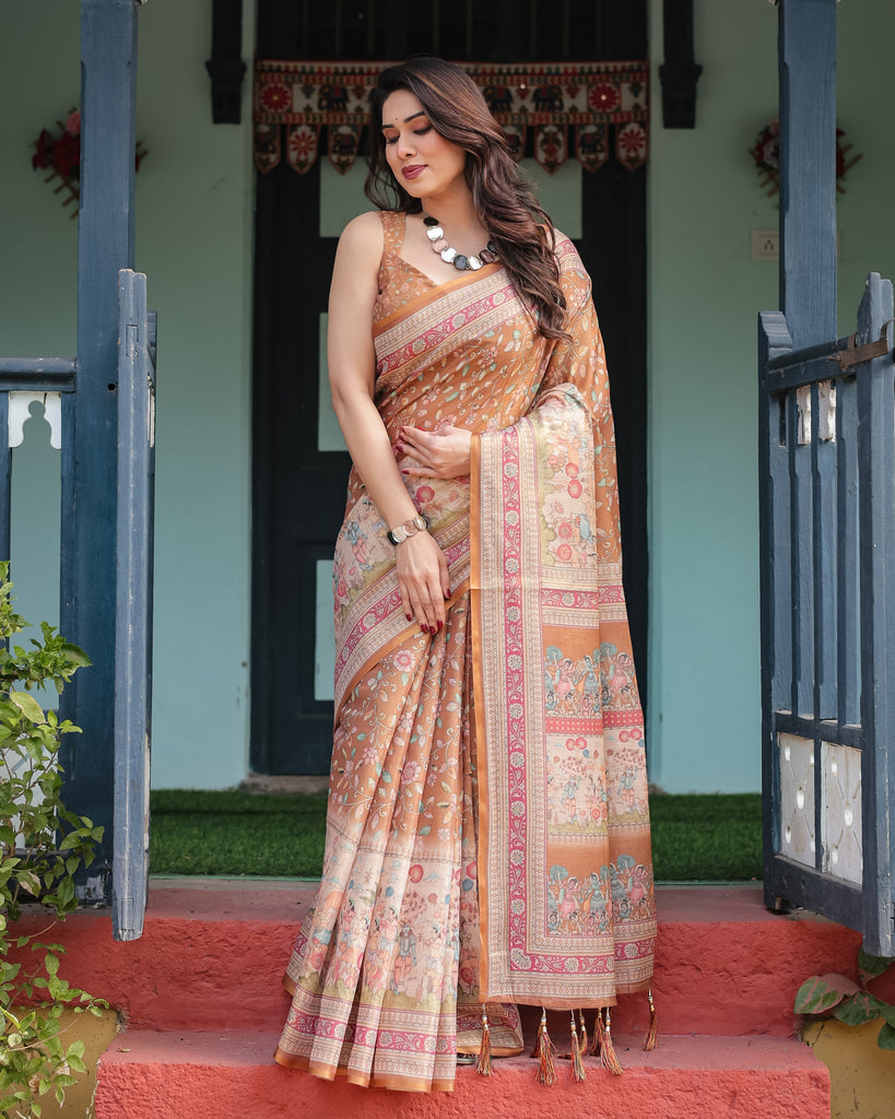 Warm Gold Pure Linen Cotton Handloom Printed Saree with Floral and Figurative Patterns, Golden Zari Weave, Tassels, and Slub Texture LINEN HANDLOOM