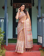 Load image into Gallery viewer, Warm Gold Pure Linen Cotton Handloom Printed Saree with Floral and Figurative Patterns, Golden Zari Weave, Tassels, and Slub Texture LINEN HANDLOOM