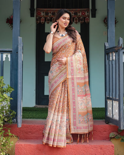 Warm Gold Pure Linen Cotton Handloom Printed Saree with Floral and Figurative Patterns, Golden Zari Weave, Tassels, and Slub Texture LINEN HANDLOOM