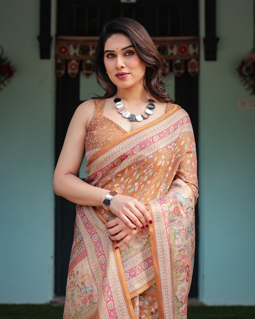 Warm Gold Pure Linen Cotton Handloom Printed Saree with Floral and Figurative Patterns, Golden Zari Weave, Tassels, and Slub Texture LINEN HANDLOOM