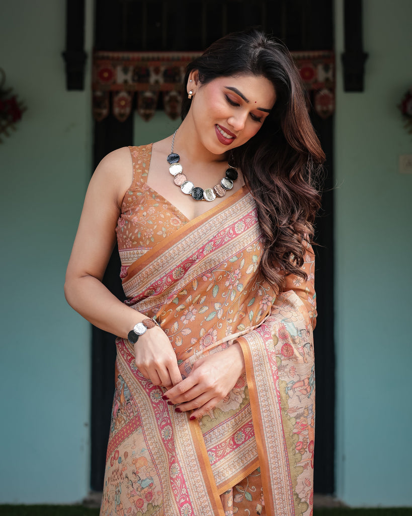 Warm Gold Pure Linen Cotton Handloom Printed Saree with Floral and Figurative Patterns, Golden Zari Weave, Tassels, and Slub Texture LINEN HANDLOOM