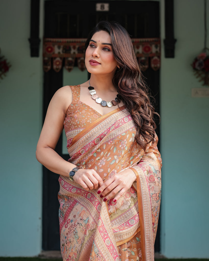 Warm Gold Pure Linen Cotton Handloom Printed Saree with Floral and Figurative Patterns, Golden Zari Weave, Tassels, and Slub Texture LINEN HANDLOOM