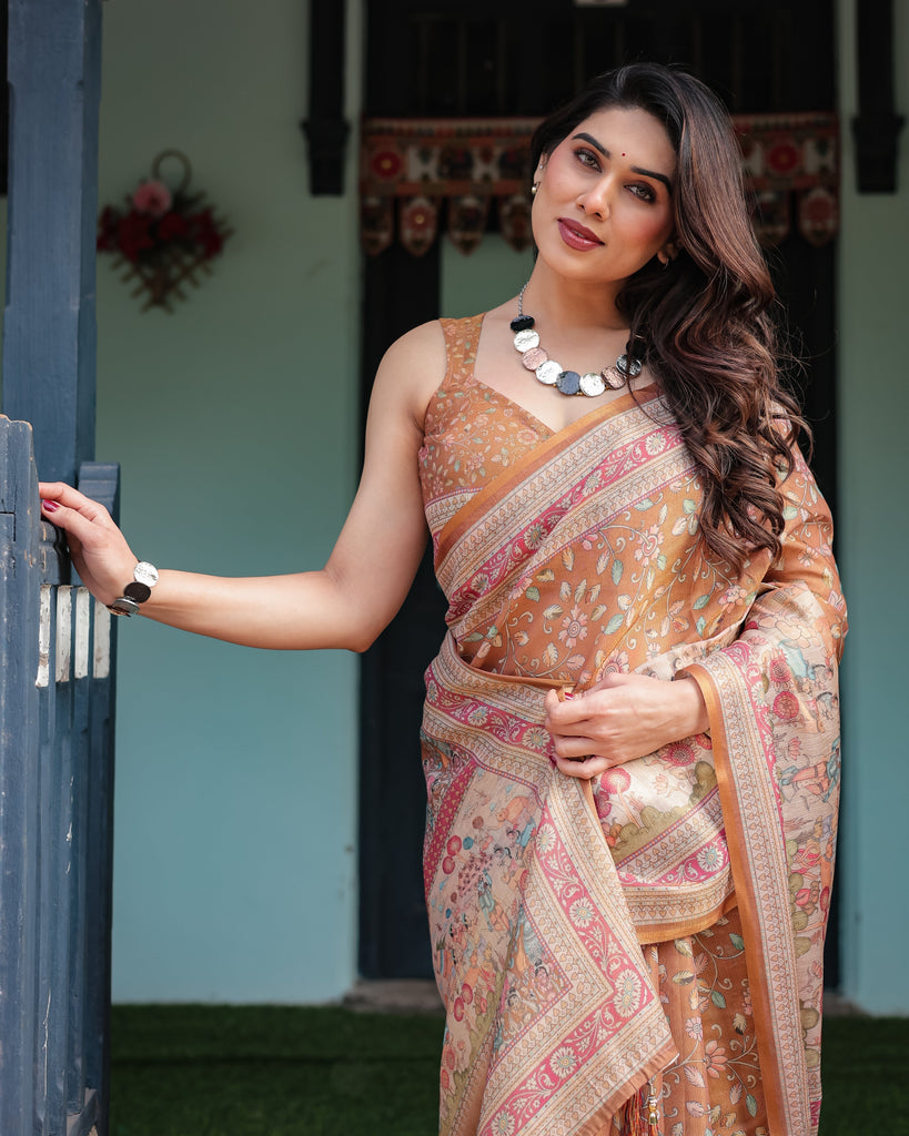 Warm Gold Pure Linen Cotton Handloom Printed Saree with Floral and Figurative Patterns, Golden Zari Weave, Tassels, and Slub Texture LINEN HANDLOOM