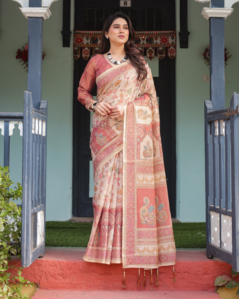 Cream with Coral Borders Linen Cotton Handloom Printed Saree, Peacock Motifs, Floral Design, and Tassels LINEN HANDLOOM