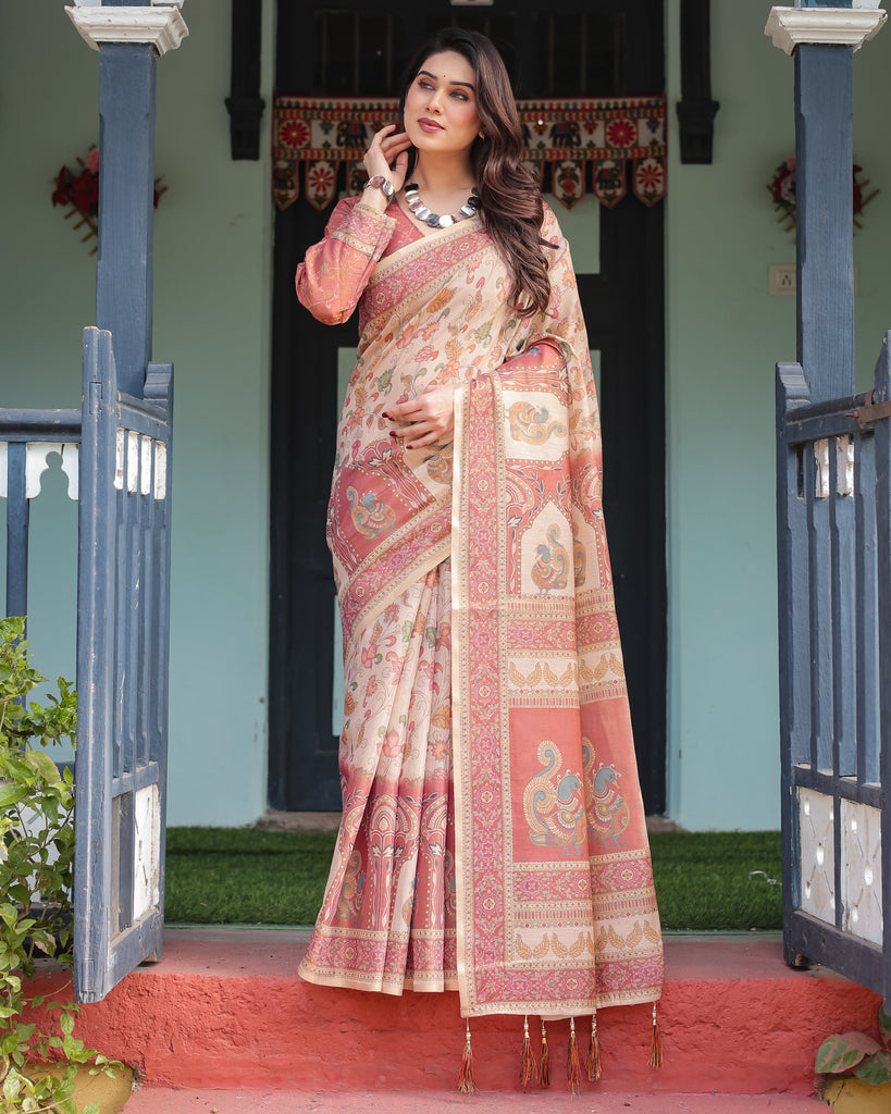 Cream with Coral Borders Linen Cotton Handloom Printed Saree, Peacock Motifs, Floral Design, and Tassels LINEN HANDLOOM