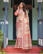 Load image into Gallery viewer, Cream with Coral Borders Linen Cotton Handloom Printed Saree, Peacock Motifs, Floral Design, and Tassels LINEN HANDLOOM