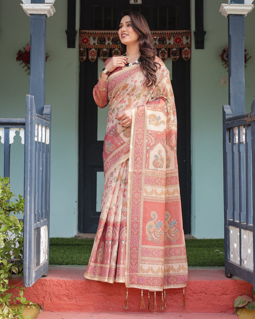 Cream with Coral Borders Linen Cotton Handloom Printed Saree, Peacock Motifs, Floral Design, and Tassels LINEN HANDLOOM