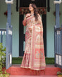 Load image into Gallery viewer, Cream with Coral Borders Linen Cotton Handloom Printed Saree, Peacock Motifs, Floral Design, and Tassels LINEN HANDLOOM