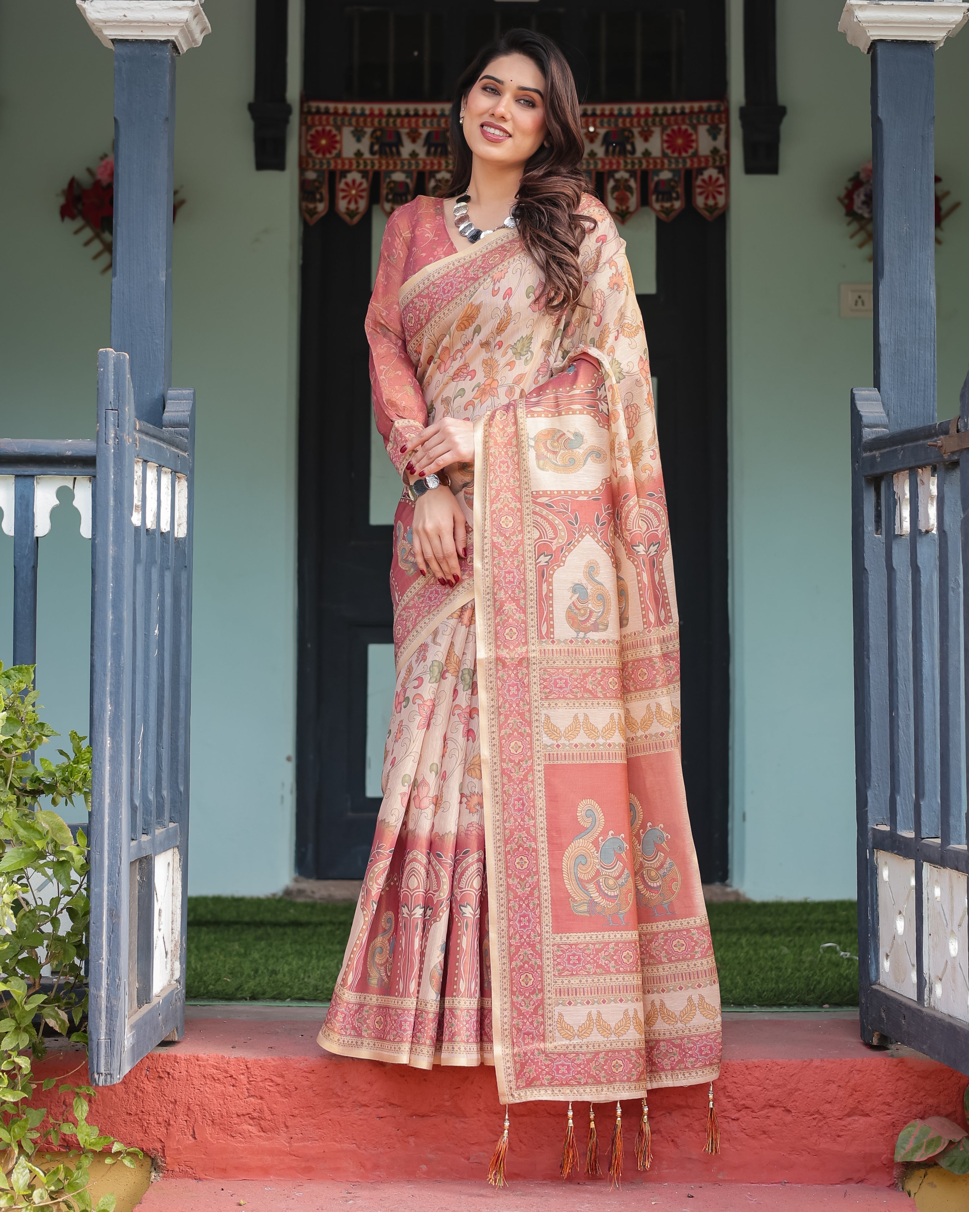 Cream with Coral Borders Linen Cotton Handloom Printed Saree, Peacock Motifs, Floral Design, and Tassels LINEN HANDLOOM Main image