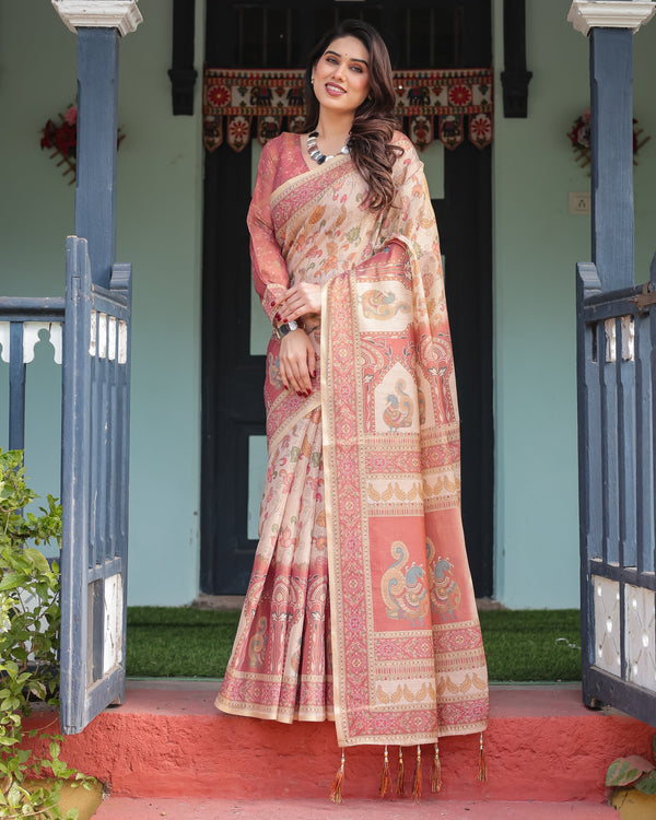 Cream with Coral Borders Linen Cotton Handloom Printed Saree, Peacock Motifs, Floral Design, and Tassels LINEN HANDLOOM