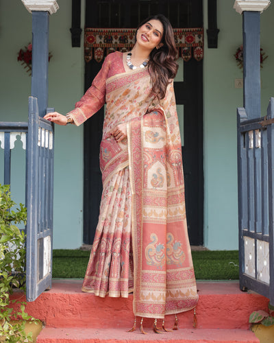 Cream with Coral Borders Linen Cotton Handloom Printed Saree, Peacock Motifs, Floral Design, and Tassels LINEN HANDLOOM