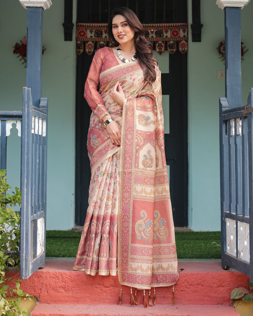 Cream with Coral Borders Linen Cotton Handloom Printed Saree, Peacock Motifs, Floral Design, and Tassels LINEN HANDLOOM