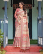 Load image into Gallery viewer, Cream with Coral Borders Linen Cotton Handloom Printed Saree, Peacock Motifs, Floral Design, and Tassels LINEN HANDLOOM