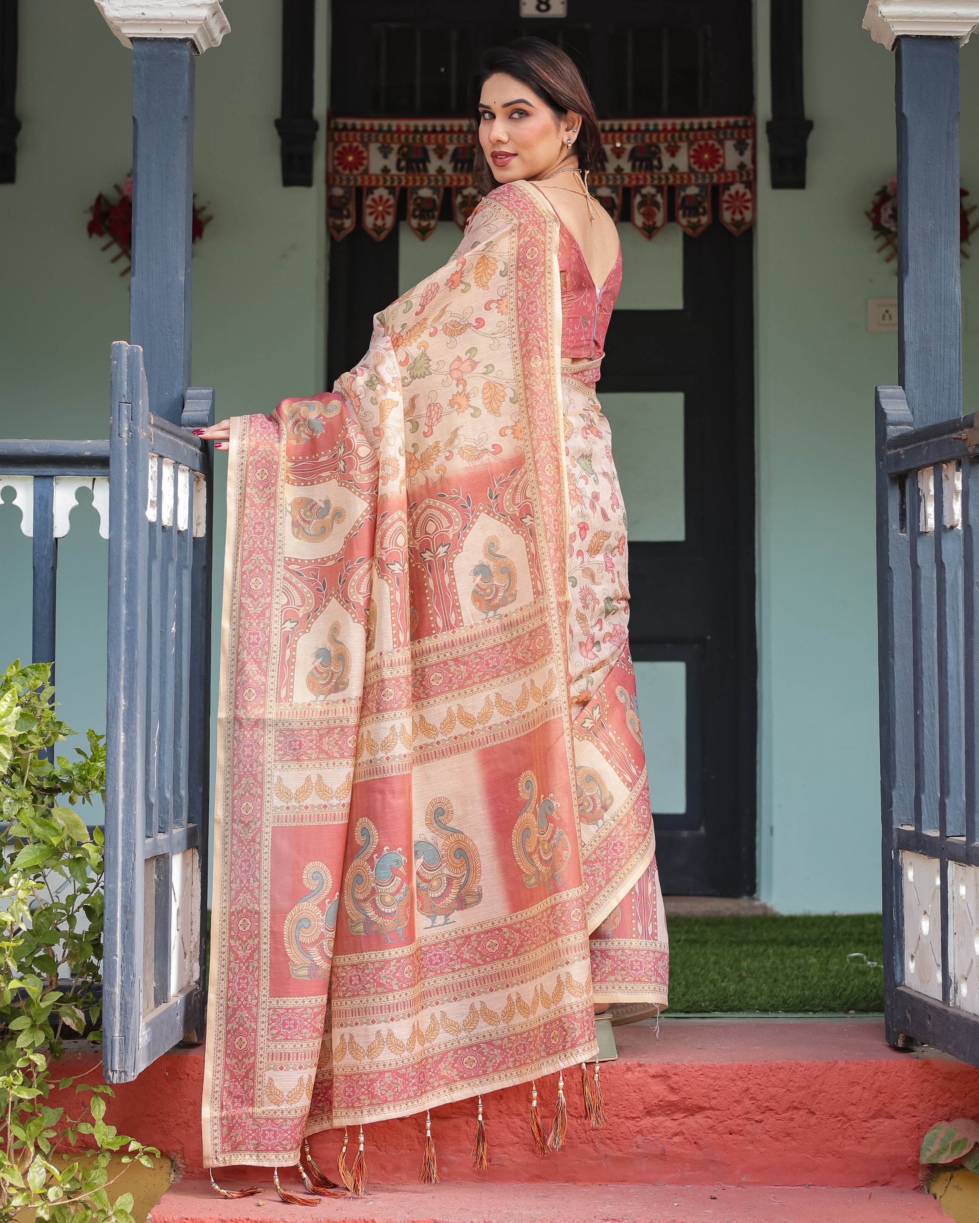 Cream with Coral Borders Linen Cotton Handloom Printed Saree, Peacock Motifs, Floral Design, and Tassels LINEN HANDLOOM