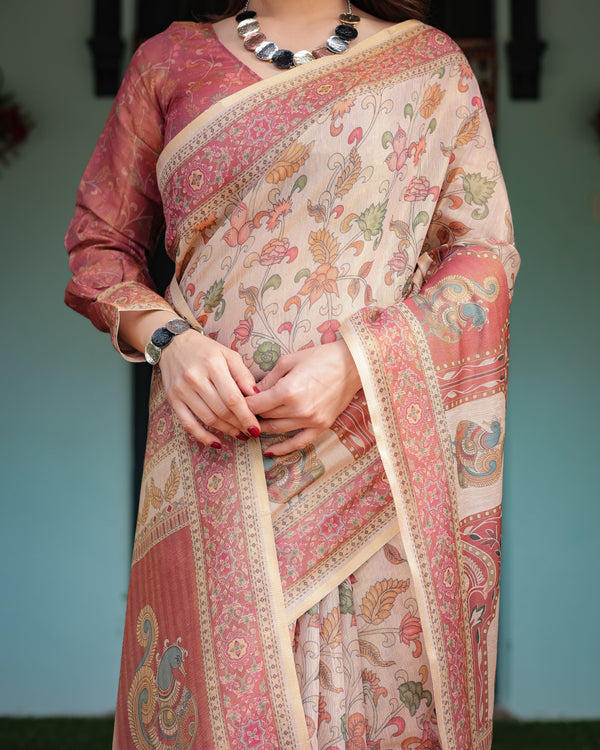 Cream with Coral Borders Linen Cotton Handloom Printed Saree, Peacock Motifs, Floral Design, and Tassels LINEN HANDLOOM