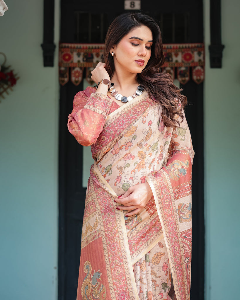 Cream with Coral Borders Linen Cotton Handloom Printed Saree, Peacock Motifs, Floral Design, and Tassels LINEN HANDLOOM