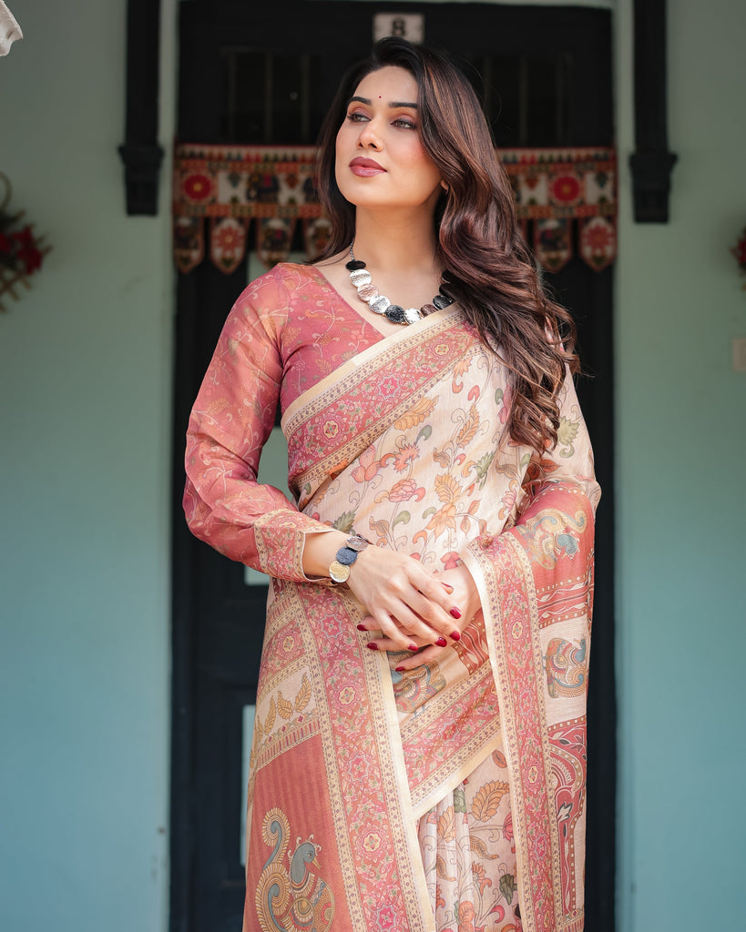 Cream with Coral Borders Linen Cotton Handloom Printed Saree, Peacock Motifs, Floral Design, and Tassels LINEN HANDLOOM