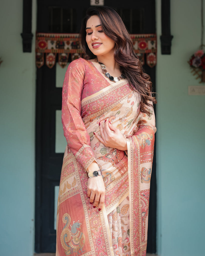 Cream with Coral Borders Linen Cotton Handloom Printed Saree, Peacock Motifs, Floral Design, and Tassels LINEN HANDLOOM