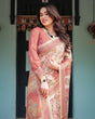 Load image into Gallery viewer, Cream with Coral Borders Linen Cotton Handloom Printed Saree, Peacock Motifs, Floral Design, and Tassels LINEN HANDLOOM