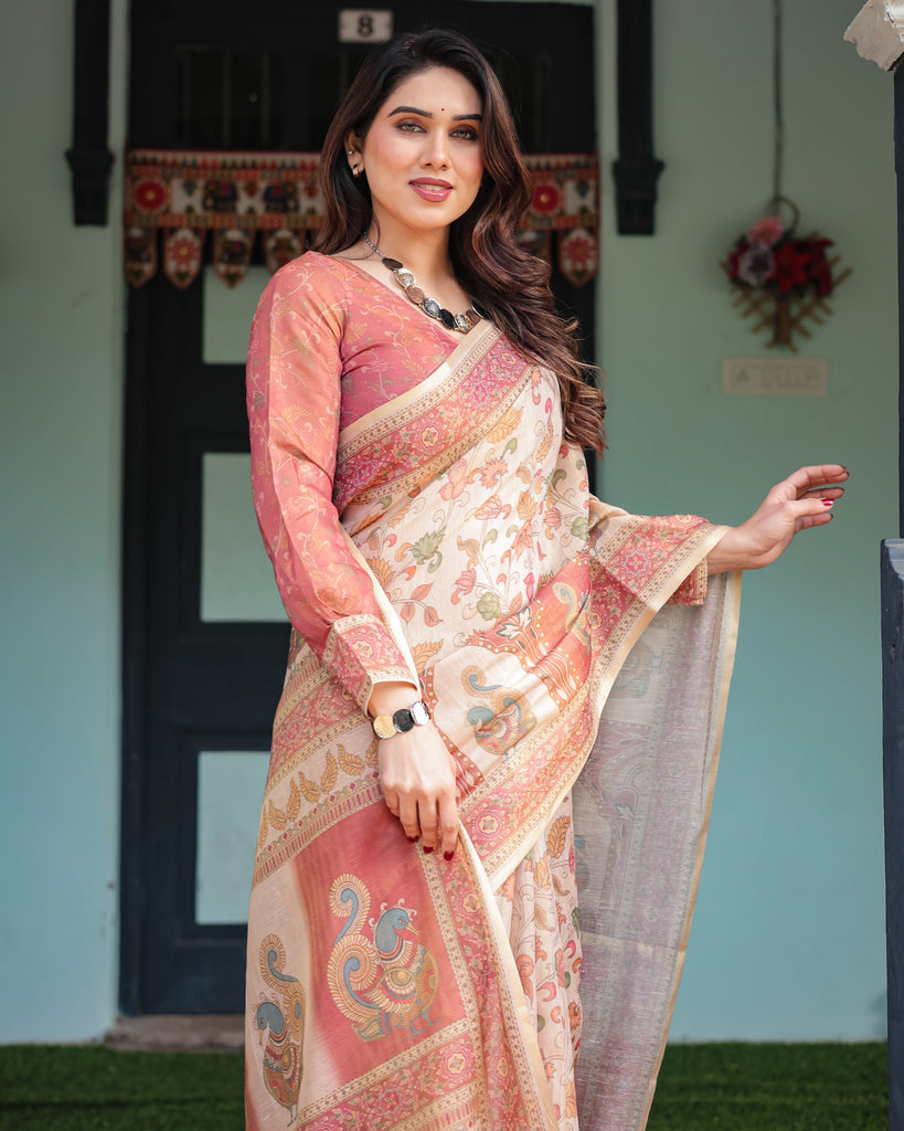 Cream with Coral Borders Linen Cotton Handloom Printed Saree, Peacock Motifs, Floral Design, and Tassels LINEN HANDLOOM