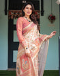 Load image into Gallery viewer, Cream with Coral Borders Linen Cotton Handloom Printed Saree, Peacock Motifs, Floral Design, and Tassels LINEN HANDLOOM
