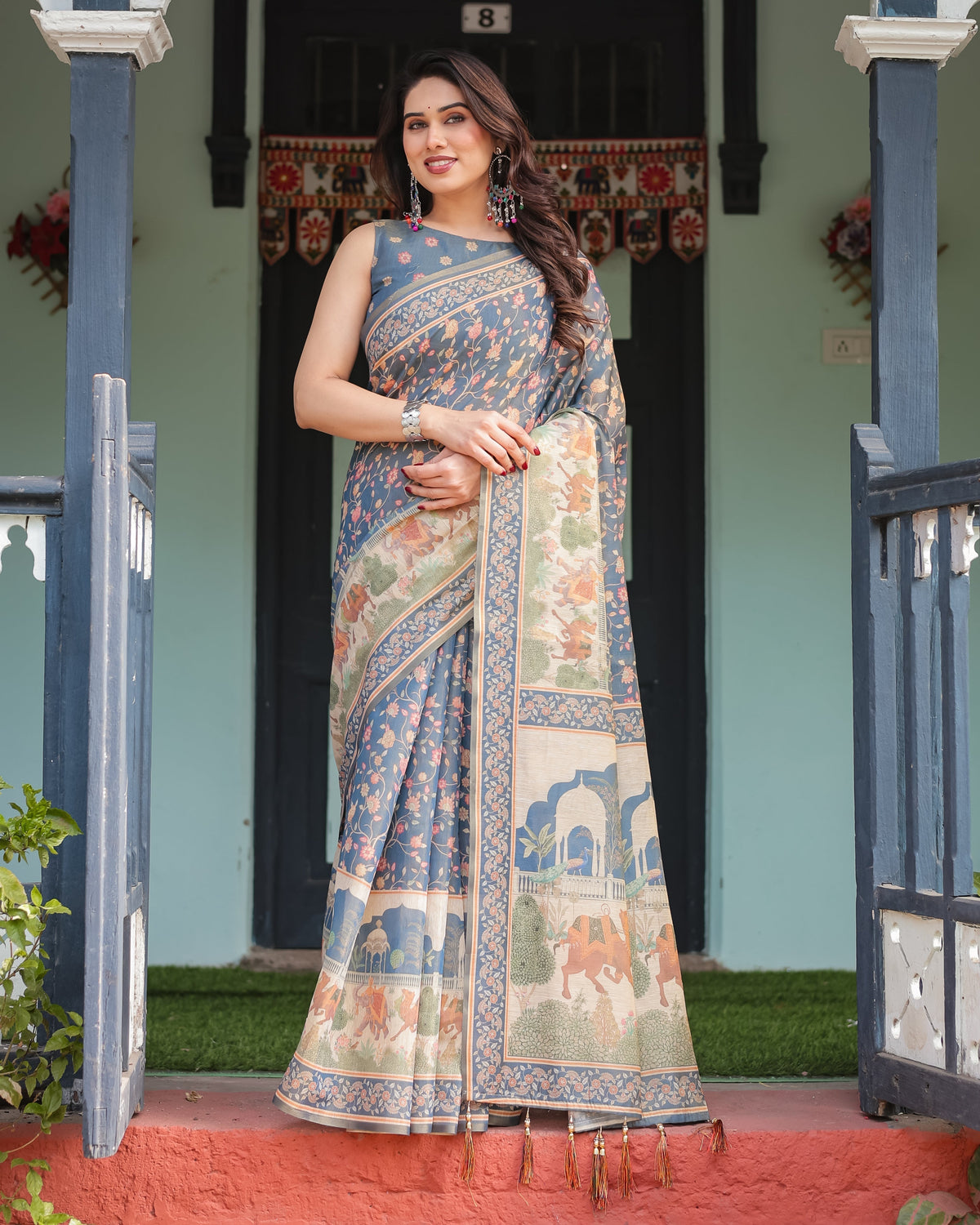 Steel Blue with Floral Patterns Linen Cotton Handloom Printed Saree, Heritage-Inspired Pallu, and Tassels LINEN HANDLOOM Main image