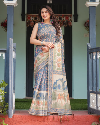 Steel Blue with Floral Patterns Linen Cotton Handloom Printed Saree, Heritage-Inspired Pallu, and Tassels LINEN HANDLOOM
