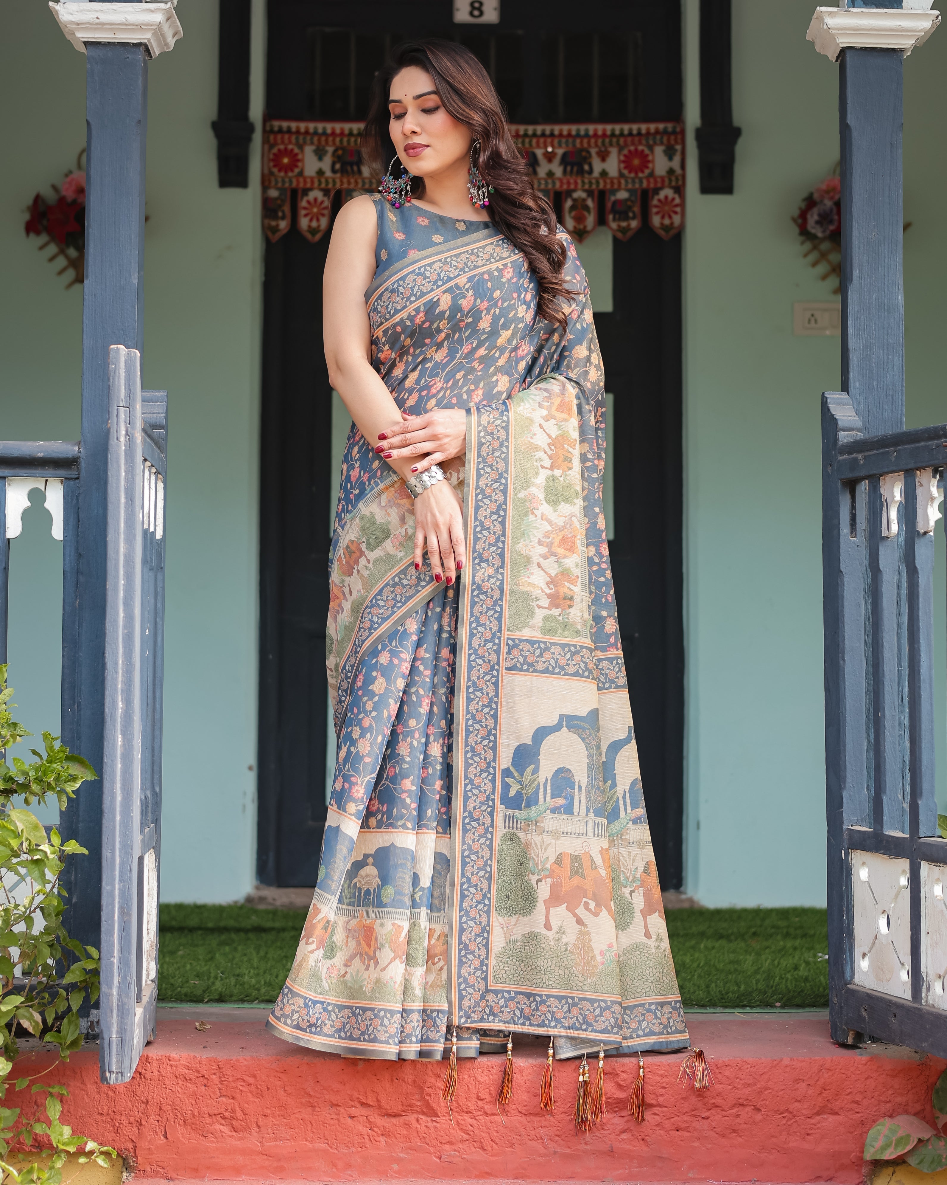 Steel Blue with Floral Patterns Linen Cotton Handloom Printed Saree, Heritage-Inspired Pallu, and Tassels LINEN HANDLOOM