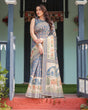 Load image into Gallery viewer, Steel Blue with Floral Patterns Linen Cotton Handloom Printed Saree, Heritage-Inspired Pallu, and Tassels LINEN HANDLOOM