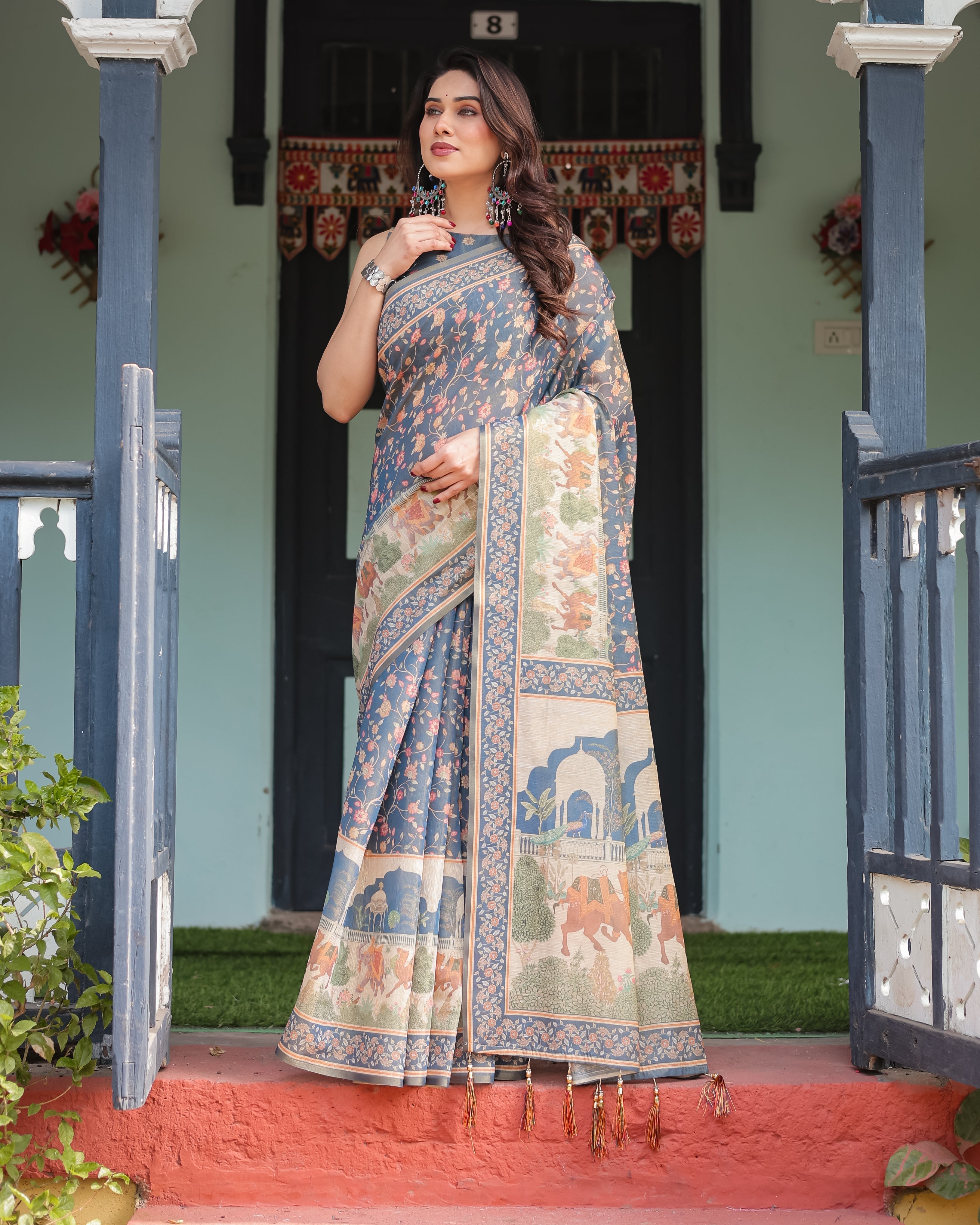 Steel Blue with Floral Patterns Linen Cotton Handloom Printed Saree, Heritage-Inspired Pallu, and Tassels LINEN HANDLOOM