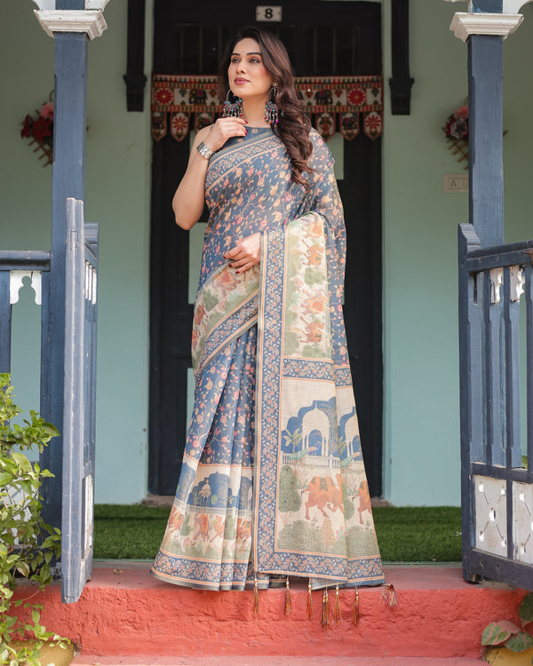 Steel Blue with Floral Patterns Linen Cotton Handloom Printed Saree, Heritage-Inspired Pallu, and Tassels LINEN HANDLOOM
