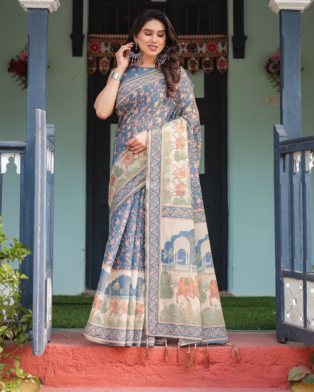 Steel Blue with Floral Patterns Linen Cotton Handloom Printed Saree, Heritage-Inspired Pallu, and Tassels LINEN HANDLOOM