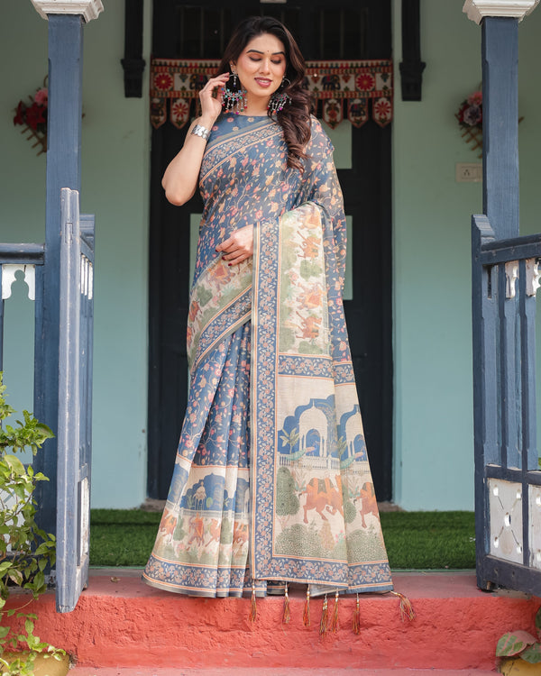 Steel Blue with Floral Patterns Linen Cotton Handloom Printed Saree, Heritage-Inspired Pallu, and Tassels LINEN HANDLOOM