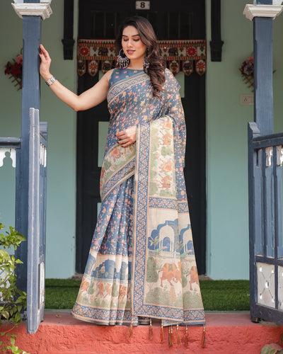 Steel Blue with Floral Patterns Linen Cotton Handloom Printed Saree, Heritage-Inspired Pallu, and Tassels LINEN HANDLOOM