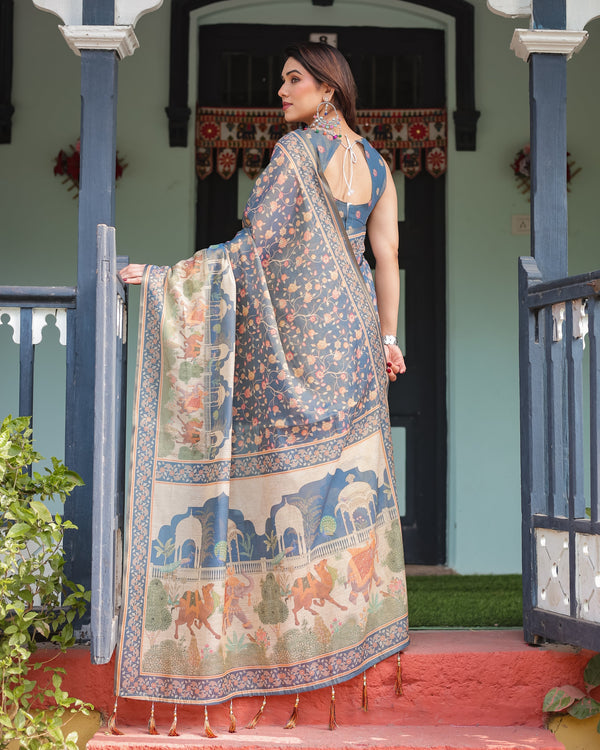 Steel Blue with Floral Patterns Linen Cotton Handloom Printed Saree, Heritage-Inspired Pallu, and Tassels LINEN HANDLOOM
