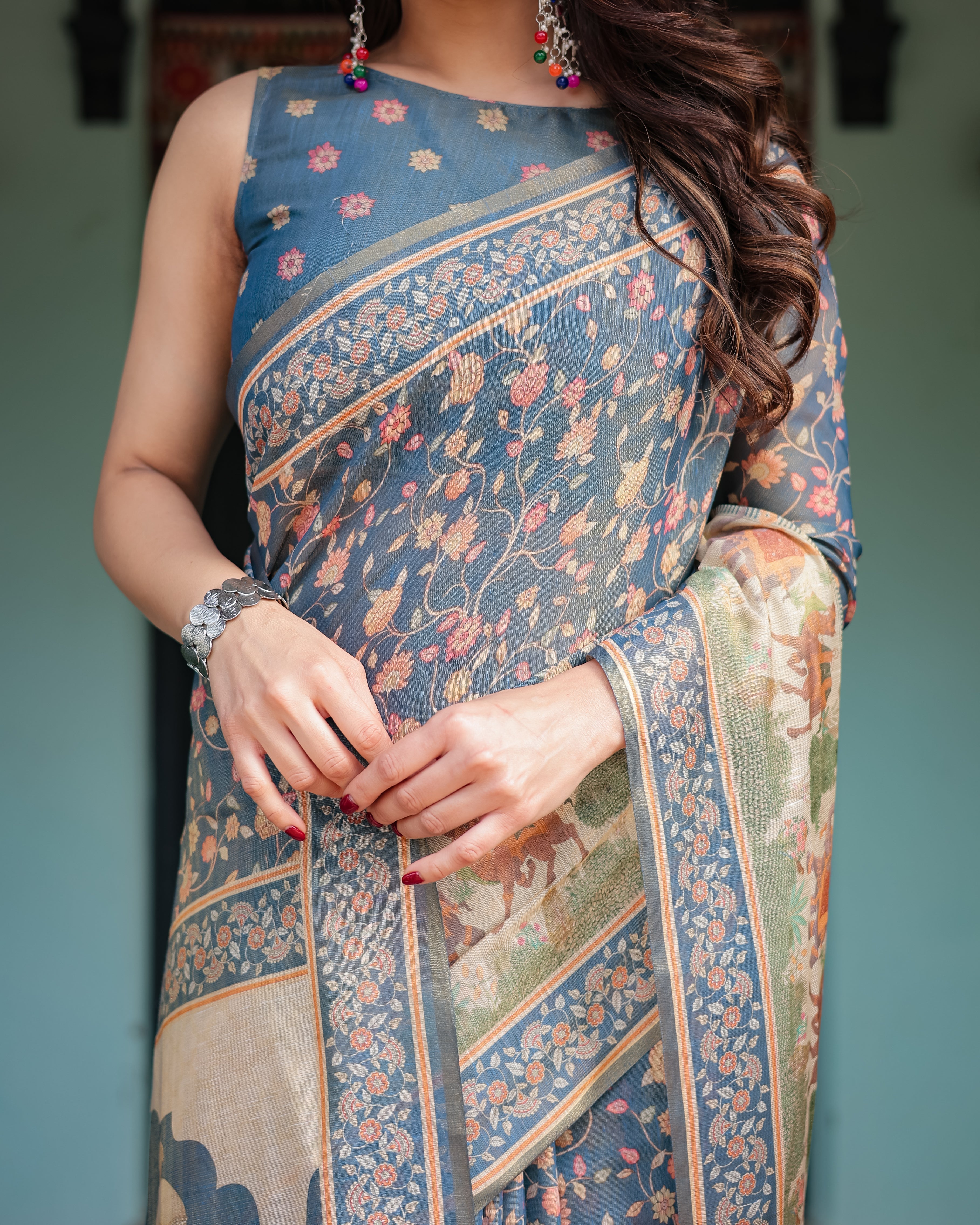 Steel Blue with Floral Patterns Linen Cotton Handloom Printed Saree, Heritage-Inspired Pallu, and Tassels LINEN HANDLOOM