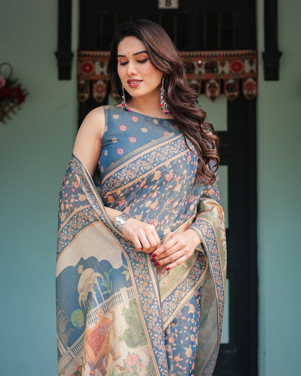 Steel Blue with Floral Patterns Linen Cotton Handloom Printed Saree, Heritage-Inspired Pallu, and Tassels LINEN HANDLOOM