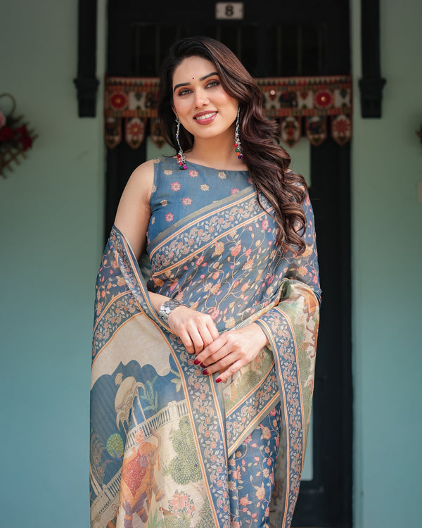 Steel Blue with Floral Patterns Linen Cotton Handloom Printed Saree, Heritage-Inspired Pallu, and Tassels LINEN HANDLOOM