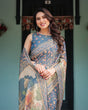 Load image into Gallery viewer, Steel Blue with Floral Patterns Linen Cotton Handloom Printed Saree, Heritage-Inspired Pallu, and Tassels LINEN HANDLOOM