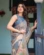 Load image into Gallery viewer, Steel Blue with Floral Patterns Linen Cotton Handloom Printed Saree, Heritage-Inspired Pallu, and Tassels LINEN HANDLOOM