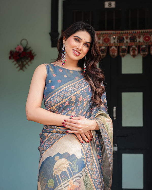 Steel Blue with Floral Patterns Linen Cotton Handloom Printed Saree, Heritage-Inspired Pallu, and Tassels LINEN HANDLOOM